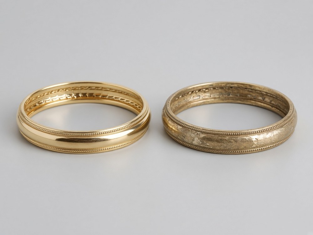 Duas pulseiras de bijuteria lado a lado, uma nova e outra desgastada