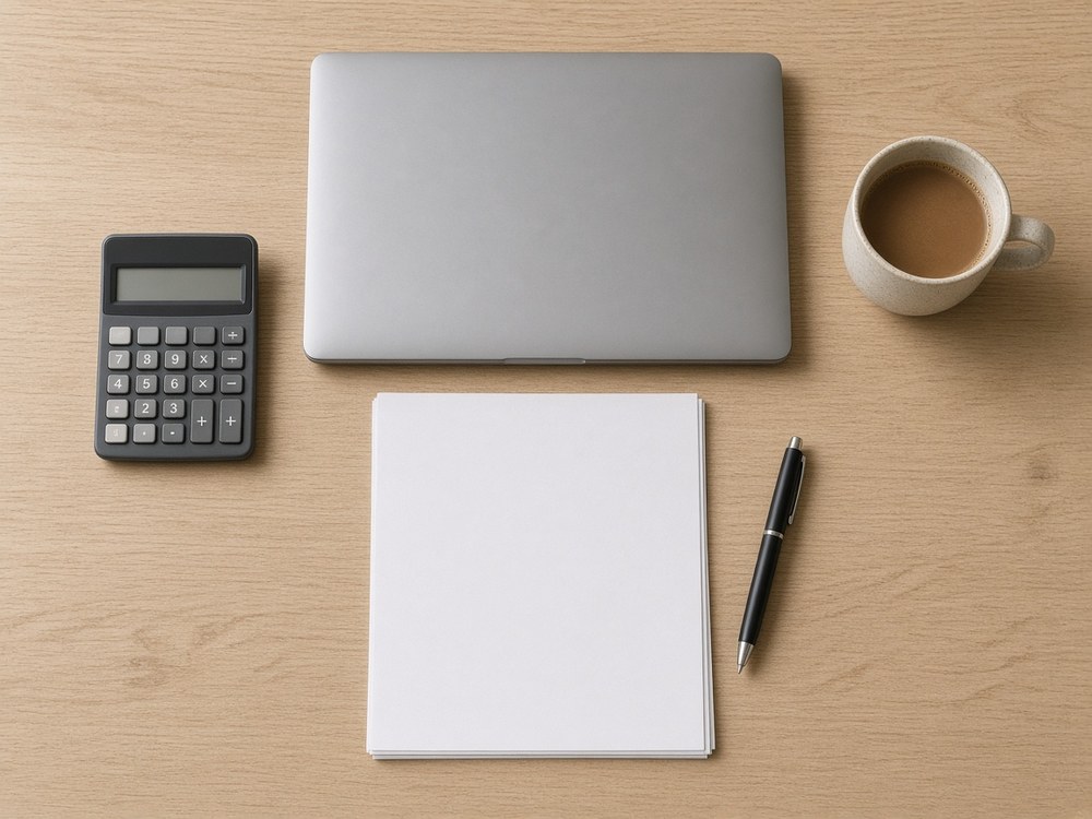 Mesa com laptop, calculadora, papéis em branco e caneta, sugerindo planejamento