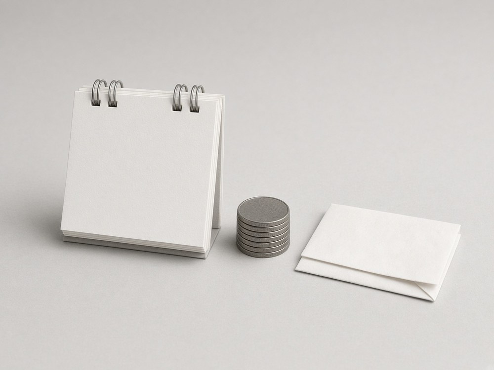 Calendário de mesa ao lado de anotações e uma caneta, representando organização do negócio