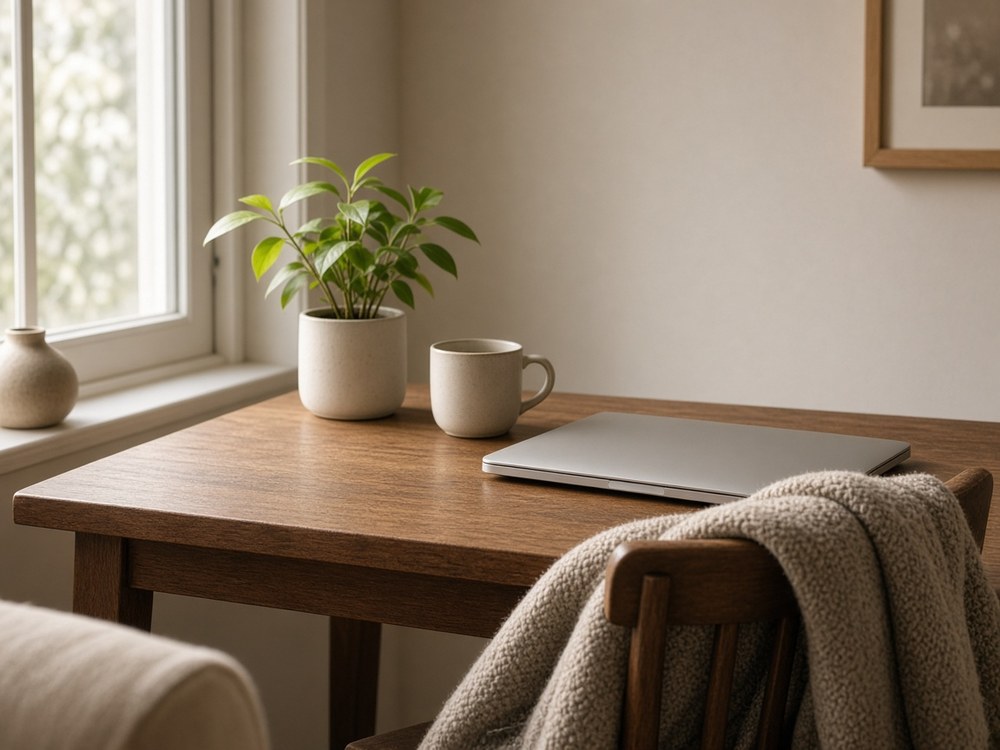Mesa de trabalho em casa com laptop, caderno e uma planta, sugerindo início de um negócio