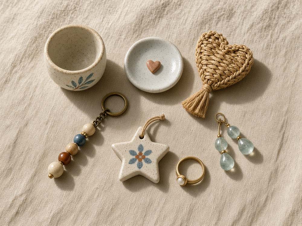 Suvenires e peças de artesanato dispostos sobre linho