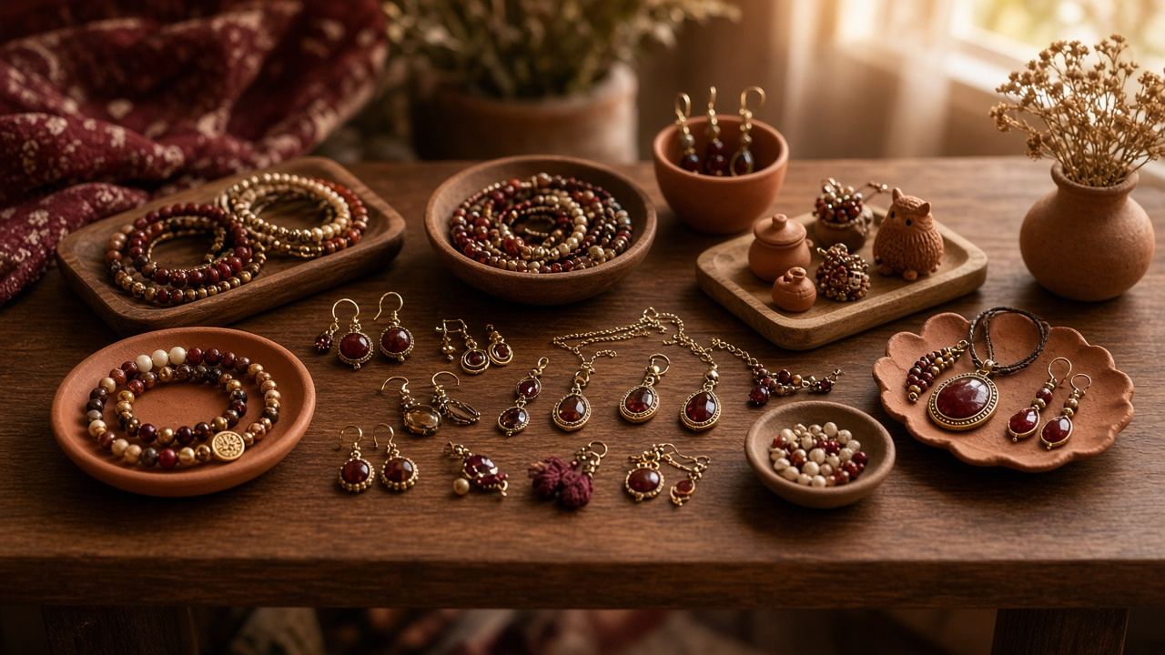 Mesa de artesão com bijuterias, brincos e pequenas lembranças em tons quentes